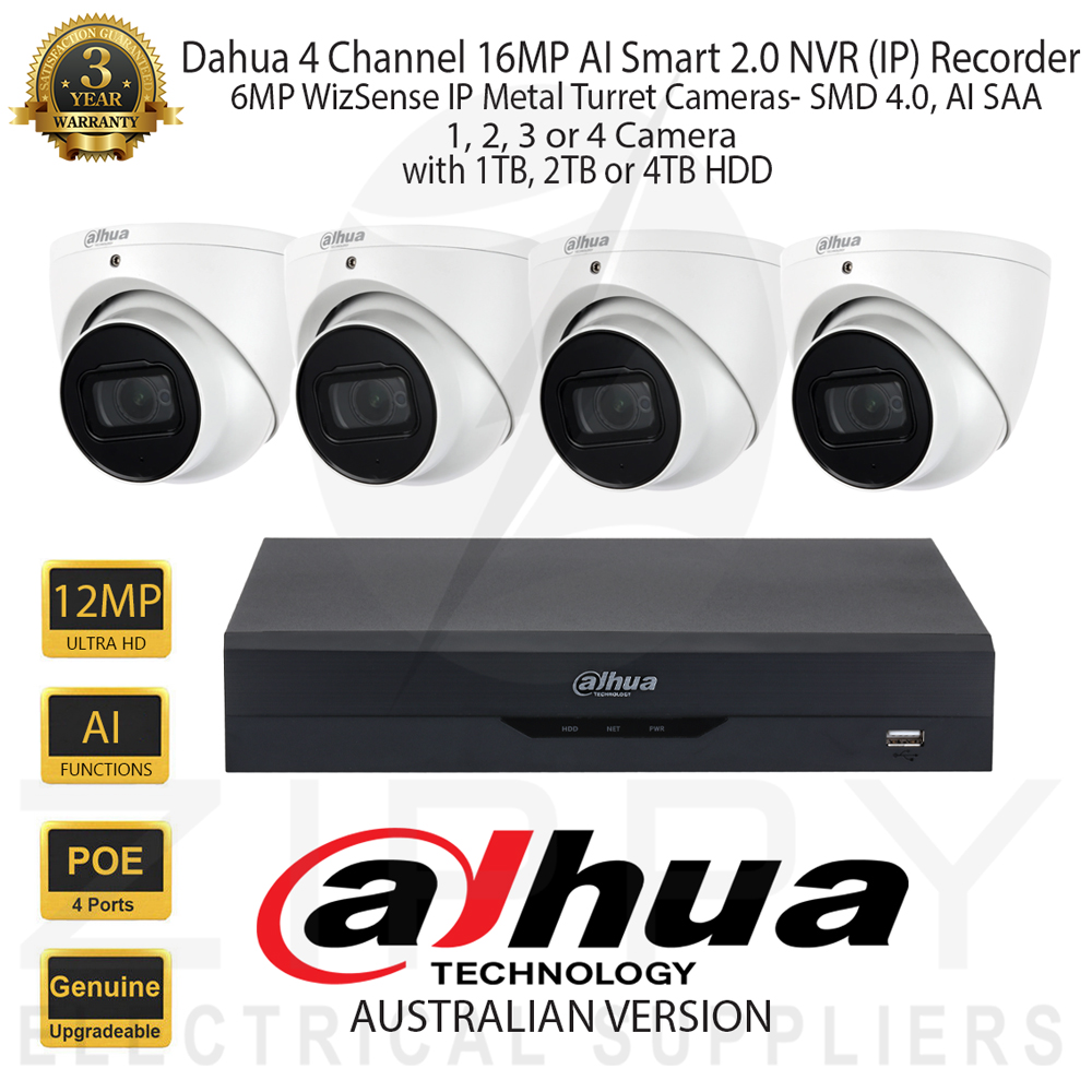 Dahua 4 Channel 16MP AI Smart 2.0 NVR Kit with 6MP WizSense 2.8mm SMD 4.0,AI SSA, White Metal Turret Network Camera & 1TB, 2TB or 4TB HDD - Zippy Electrical Suppliers
